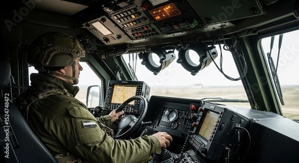 Fototapeta Soldier Operating Advanced Military Vehicle Control Panel