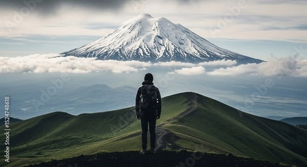 Fototapeta Solitary hiker gazes at snow-capped mountain peak above clouds, green ridge