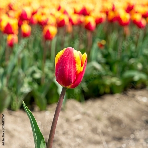 Fototapeta Close-up of tulip in bloom in the field in the Netherlands a main crop in Flevoland Noordoostpolder and Bollenstreek