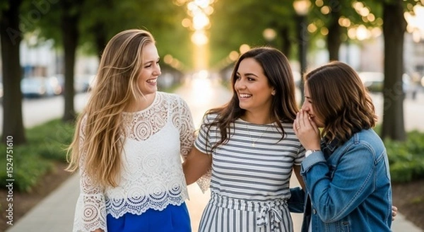 Fototapeta Three Smiling Women Sharing a Secret on a Sunlit Path, Friendship and Joy