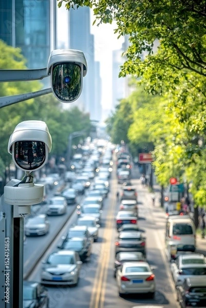 Obraz smart traffic monitoring camera in city, AI data shown,