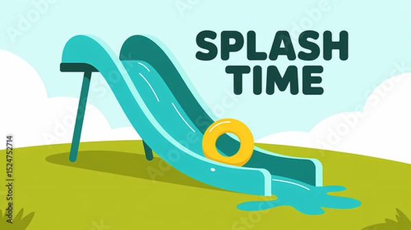Fototapeta Flat Design Illustration of a Turquoise Water Slide with Inflatable Ring and Splash Effect under Sunny Sky with 'SPLASH TIME' Text