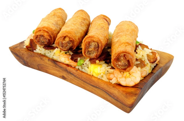 Fototapeta Chinese duck meat and vegetable spring rolls with special fried rice in a olive wood serving dish isolated on a white background