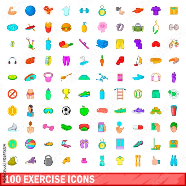 Fototapeta 100 exercise icons set, cartoon style