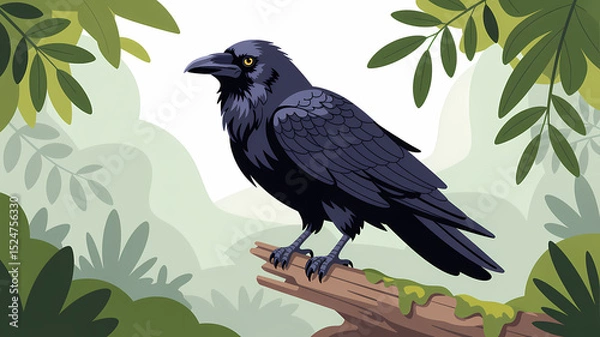 Fototapeta Flat Design Illustration of a Majestic Raven Perched on Moss-Covered Stone Branch with Misty Forest Background