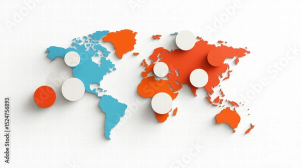 Obraz Colorful world map with circular markers highlighting regions, illustrating global data distribution