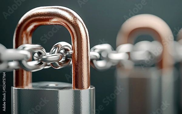 Fototapeta Close up of metallic padlock and chain symbolizes security and protection