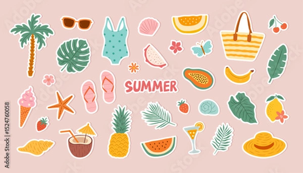 Obraz Summer vector vacation beach stickers with fruits, tropical leaves, beach elements