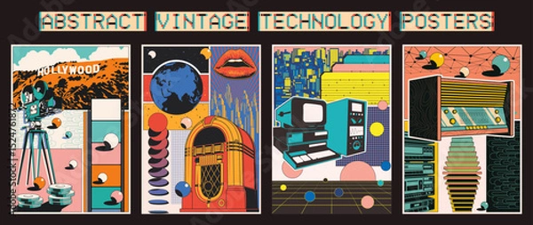 Obraz  Film Camera, Jukebox, Retro Computer, Retro Radio Abstract Vintage Technology Posters. Cityscape Backgrounds,  Geometric Shapes, Abstract Perspectives and Dimensions