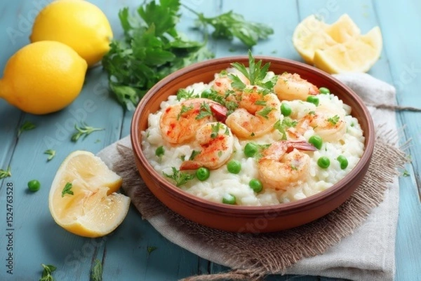 Fototapeta Creamy shrimp and pea risotto with fresh lemon and parsley garnish on blue wooden table.