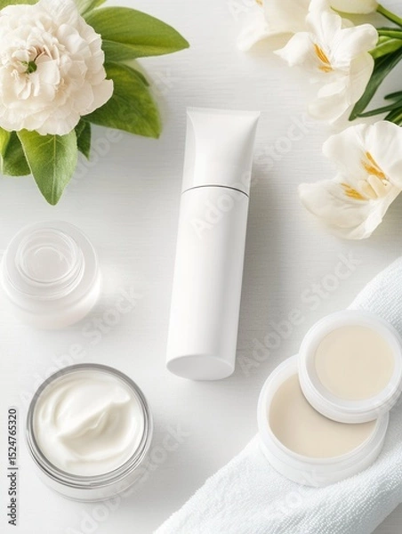 Obraz Skincare products and flowers on a white surface.
