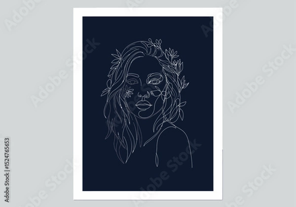 Fototapeta Abstract Female Line Art with Botanical Motifs on Deep Navy Background Minimal Vector Illustration