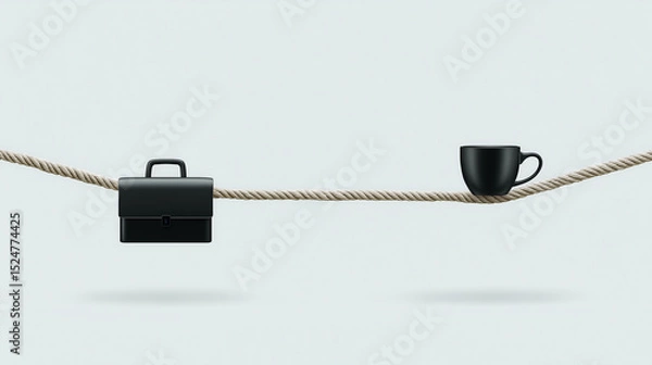 Fototapeta A minimalist black briefcase and coffee cup balance delicately on a taut rope - Generative AI