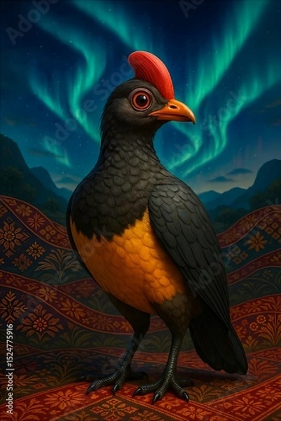Obraz A vibrant Maleo rare bird stands on a batik-inspired textile, beneath the ethereal glow of the aurora borealis