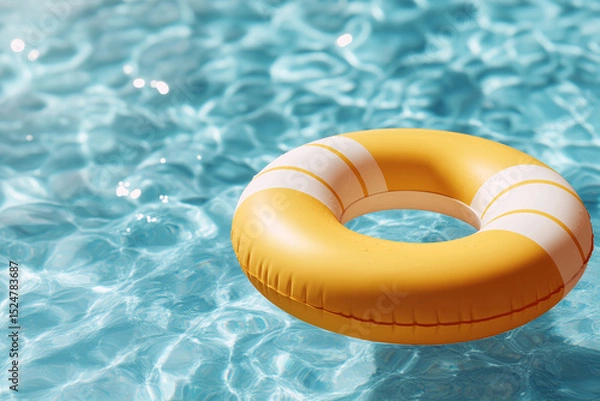 Obraz A yellow and white striped inflatable ring floating in clear blue water on a sunny summer day scene