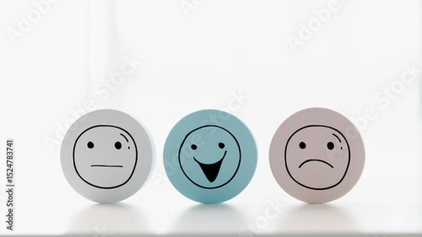 Fototapeta Customer showing rating with happy icon, Customer satisfaction survey concept, Positive feedback from happy client satisfaction with quality of service, marketing surveys, ratings, review, copy space