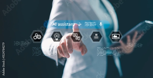 Fototapeta AI powered assistance. user interacting with virtual AI assistant interface on mobile, laptop, tablet icons for voice, text, image, video generation, representing smart technology, productivity tools