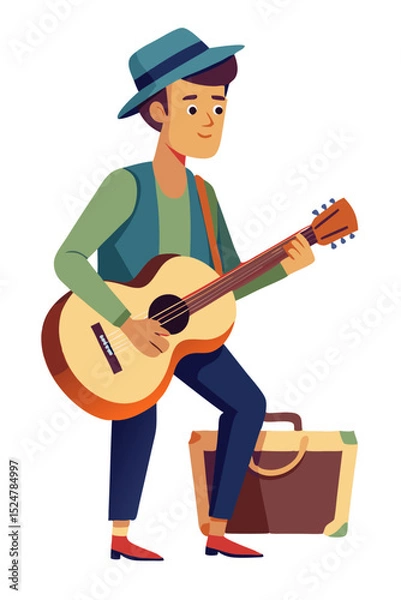 Fototapeta vector of a street musician playing acoustic guitar with open case for tips, white background
