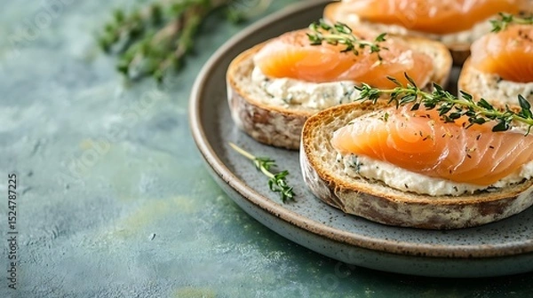Fototapeta Salmon CanapÃ©s with Cream Cheese, Thyme Sprigs on Toasted Bread on Plate