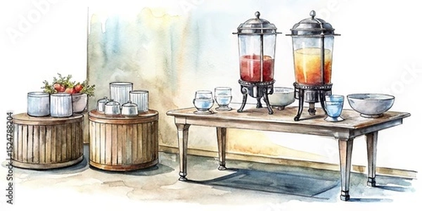Obraz Watercolor Illustration of a Beverage Station with Wooden Stands and Drink Dispensers