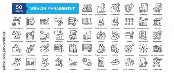 Fototapeta 50 Wealth Management icon set. Containing design, Financial Advisor, Investment Portfolio, Asset Allocation, Risk Assessment, Tax Planning