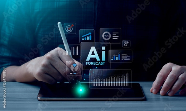 Obraz AI-powered business forecast and predictive analytics using digital tablet and stylus pen, futuristic technology interface with data dashboard for financial growth, planning, decision-making strategy