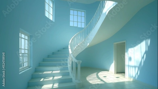 Fototapeta Modern White Spiral Staircase 3D Rendering in Serene Blue Room with Sunlight & Doorway Transition for Architectural Visualization