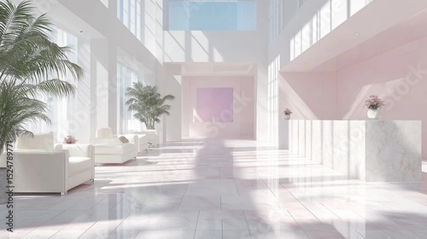 Fototapeta Minimalist Modern Office Lobby: White Marble Floors with Light Pink Accents, High Ceilings and Natural Light Serene Interio