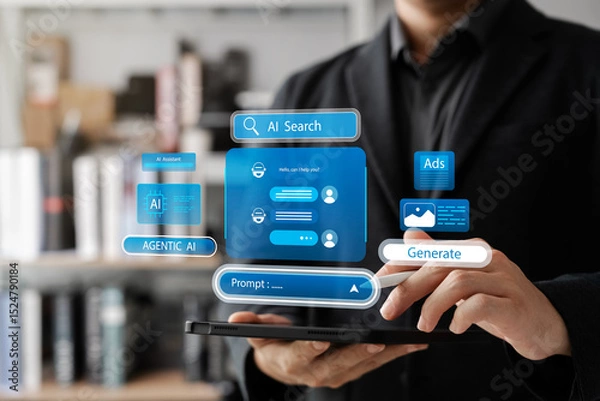 Fototapeta Businessman interacting with AI search interface on tablet, featuring intelligent chatbot, prompt input, and futuristic digital assistant for next-gen artificial intelligence technology.