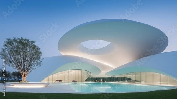Fototapeta Modern Organic Architecture with Dual Connected Rings – White Curved Glass Facade, Pool & LED Lighting for Futuristic 3D Visualization