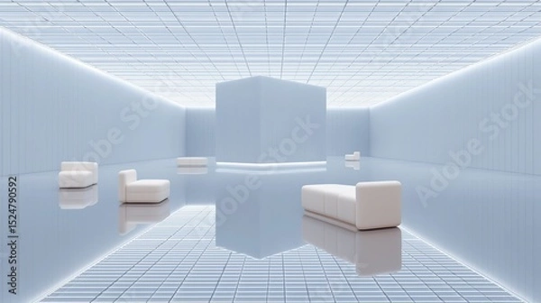 Fototapeta Modern Minimalist White Living Room with Light Blue Tiles, Futuristic Grid Walls & Furniture Layout for 3D Rendering or Commercial Space Background