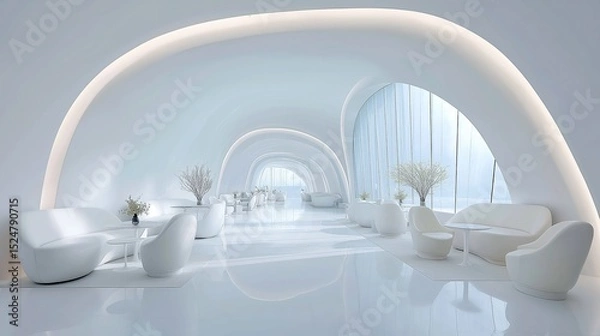 Fototapeta Futuristic White Minimalist Interior: Curved Windows and Sleek Furniture with Soft Lighting for Luxury Tranquility 3D Render