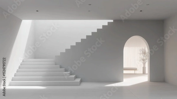 Fototapeta Modern Minimalist White Staircase 3D Rendering with Arched Wall and Daylight Effects for Architectural Visualization