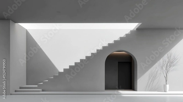 Fototapeta Modern Minimalist Architectural Interior 3D Render: White Wall with Arched Door and Staircase Under Overhead Lighting