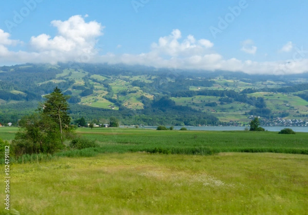 Obraz Switzerland, Meiringen, a large green field with a mountain in the background