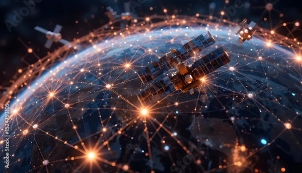 Obraz Global network satellites orbiting the Earth technology connection