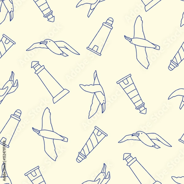 Obraz Outline Vector Seamless Pattern of Albatross  Animal Lighthouse Background for Fashion Wrapping Print Fabric