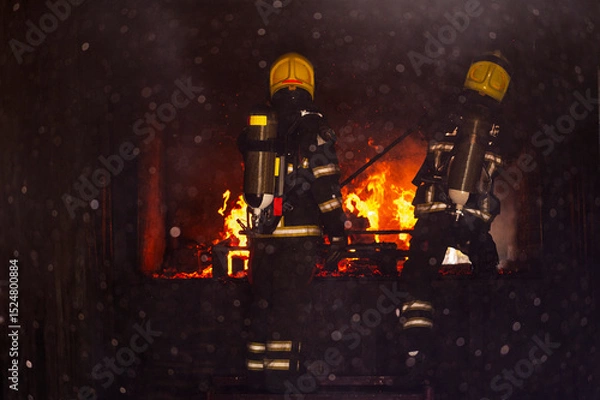 Obraz firefighters wearing fire fighter suit for safety and using twirl water extinguisher for fighting the fire flame in emergency situation.. - Safety Firefighter and industrial concept.