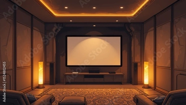 Fototapeta Elegant Home Theater Interior Design with Soft Ambient Lighting and Large Projection Screen