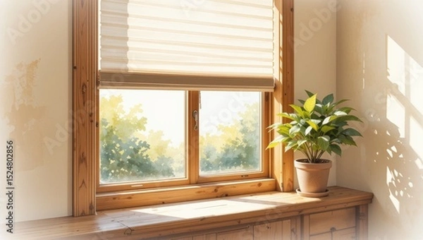 Fototapeta Bright Interior Window with Light Filtering Shades and Potted Plant Overlooking Lush Greenery