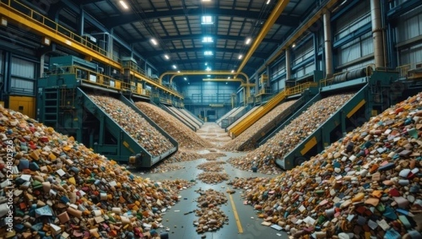 Fototapeta Industrial Recycling Facility with Large Piles of Waste and Material Sorting Equipment in Action