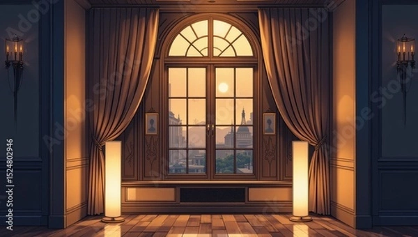 Fototapeta Elegant Interior View Of A Room At Sunset With Cityscape Through The Window And Soft Lighting