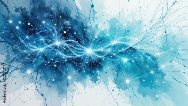 Fototapeta Abstract Digital Art with Vibrant Blue Waves and Sparkling Light Particles on a Soft Background