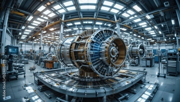 Fototapeta Precision Engine Components in a High-Tech Manufacturing Facility with Industrial Machinery