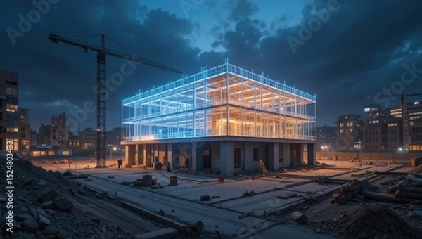 Fototapeta Modern Construction Site with Neon Lights Illuminating a Building at Night in Urban Environment