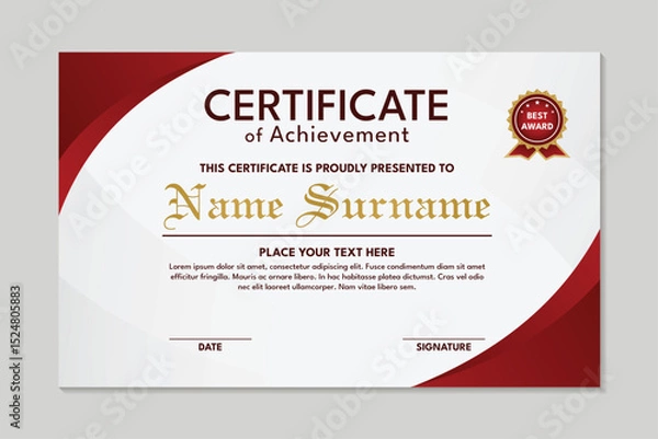 Fototapeta Elegant red achievement certificate template curved design