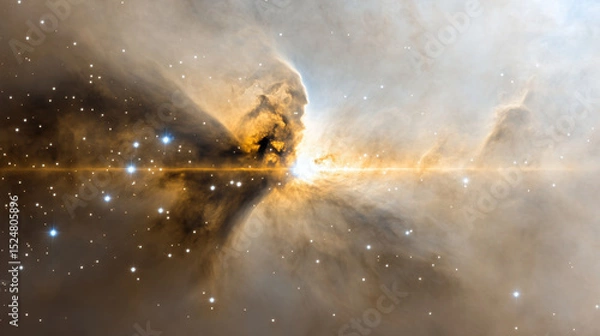 Fototapeta Mesmerizing cosmic scene featuring glowing nebula with radiant light beams and floating stars, surrounded by soft, colorful clouds of gas and dust in space