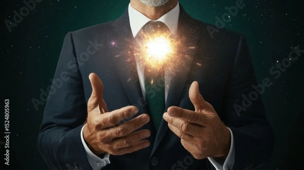 Obraz Man in suit with glowing, radiant light emanating from his chest, symbolizing energy, power, or inspiration, set against dark, starry background