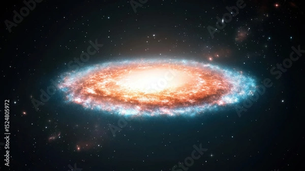 Obraz Glowing spiral galaxy with bright halo surrounded by diaphanous nebula, set against star filled cosmic background. vibrant colors and high fidelity evoke sense of wonder