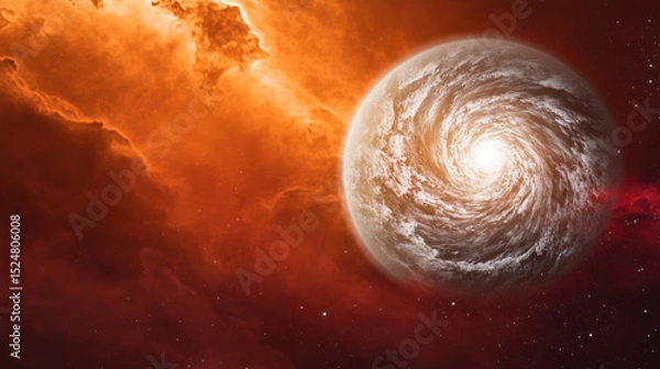 Obraz Glowing spiral galaxy like planet surrounded by vibrant orange and red cosmic clouds, creating high contrast, watercolor style celestial scene